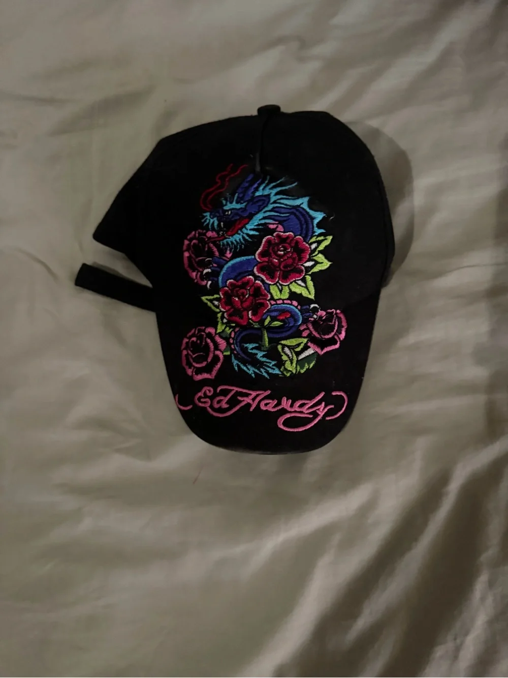 Ed Hardy and Christian Audigier Y2K Black Cap with Blue Dragon & Pink Rose RARE